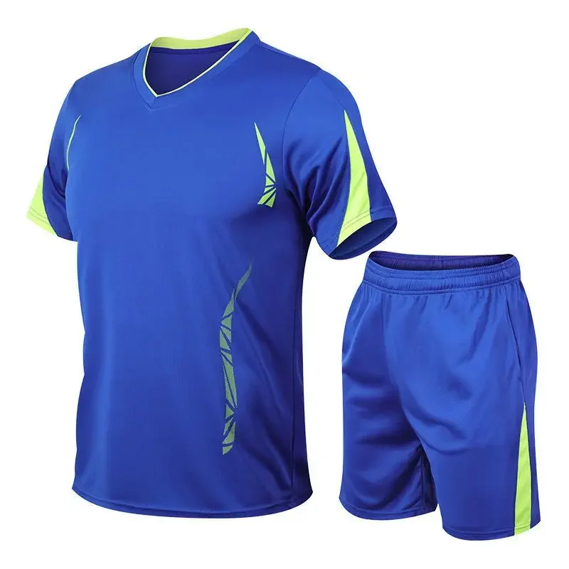 Summer Slim Casual Two-piece Sports Set Men Panelled Pullover V-neck Short Sleeves Pockets Quick Drying Fitness Unning Shorts