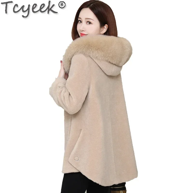 Tcyeek 100% Wool Jacket Grain Sheep Shearling Coats Winter Jackets for Women Warm Fox Fur Collar Mid-length Women's Fur Coat