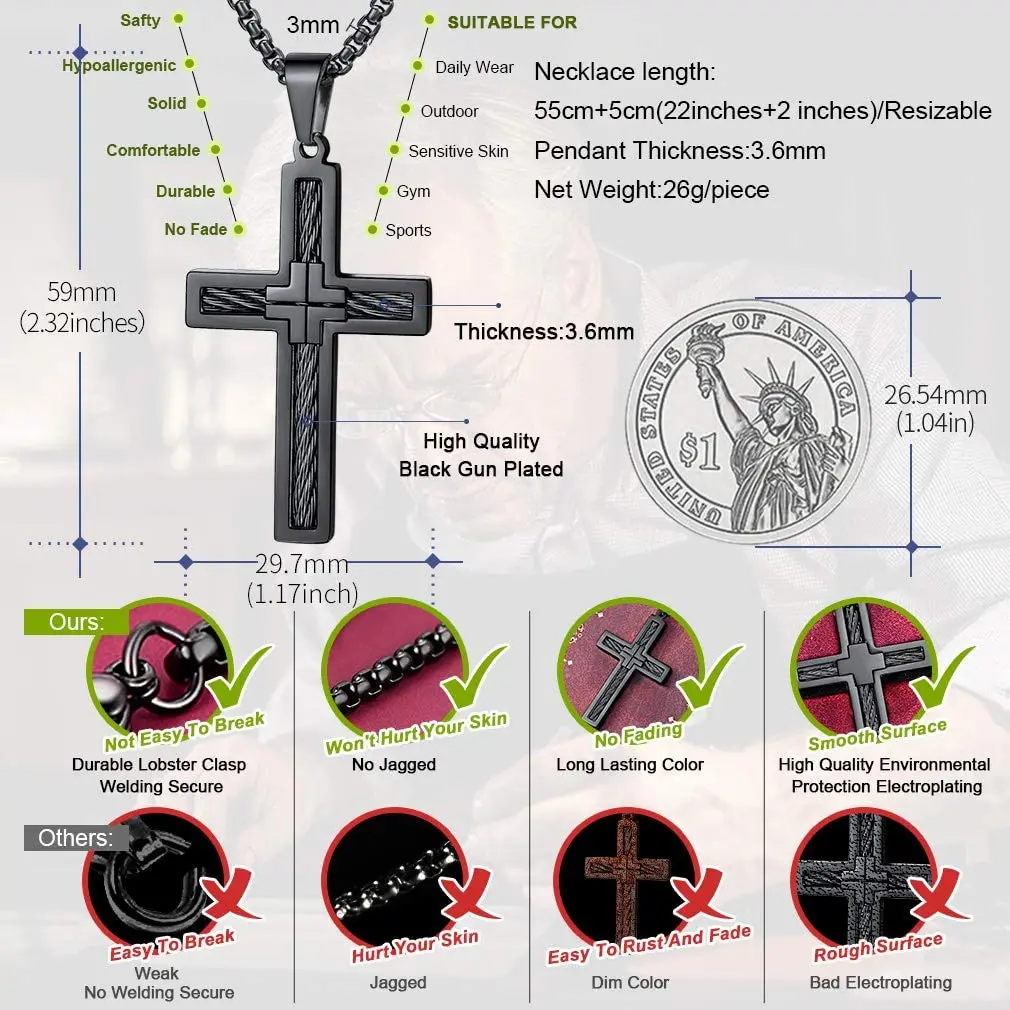 U7 Black Gold Color Stainless Steel Vintage Style Brainding Rope Pattern Cross Necklace for Man Woman Catholic Daily Jewelry