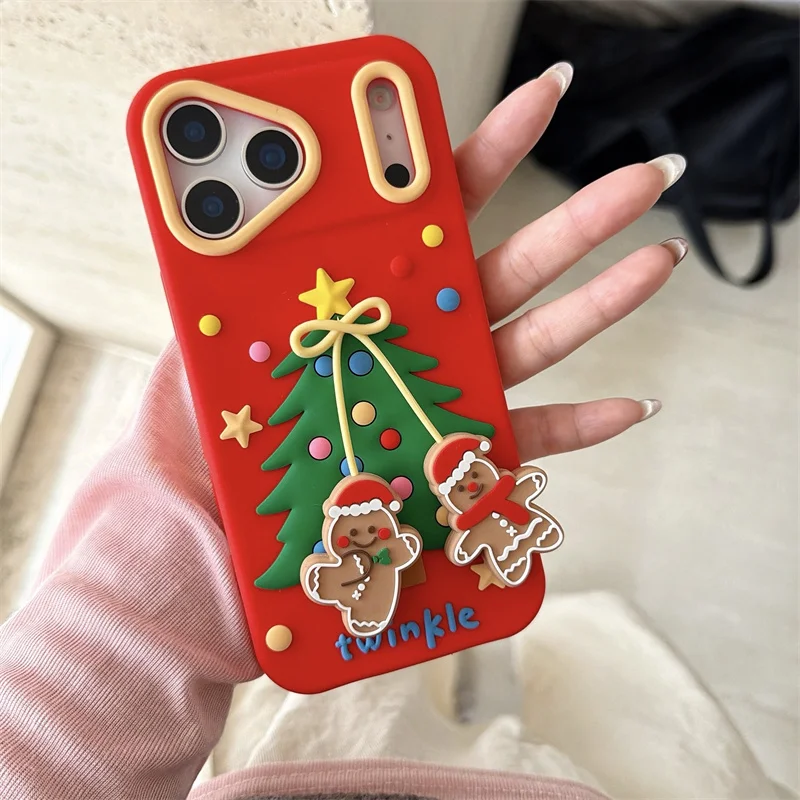 

3D Christmas trees fold bracket Soft Silicone Case for iphone 17promax 16 15 14 Plus 12 13 Pro Max gingerbread man Cute Patterns