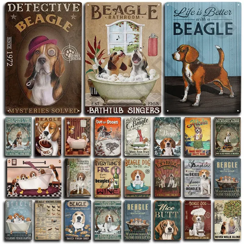 Beagle Dog Metal Tin Sign Plate Retro Art for Bathroom Toilet Kitchen Sweet Home Shop Pet Shop Farmhouse Home Room Decoration