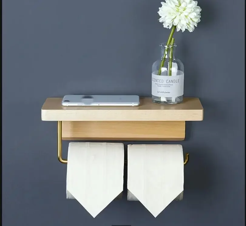 

Brass Wood Tissue Holder Toilet Roll Holders Wall-mounted Paper Napkin Towel Rack Wall Shelf Storage