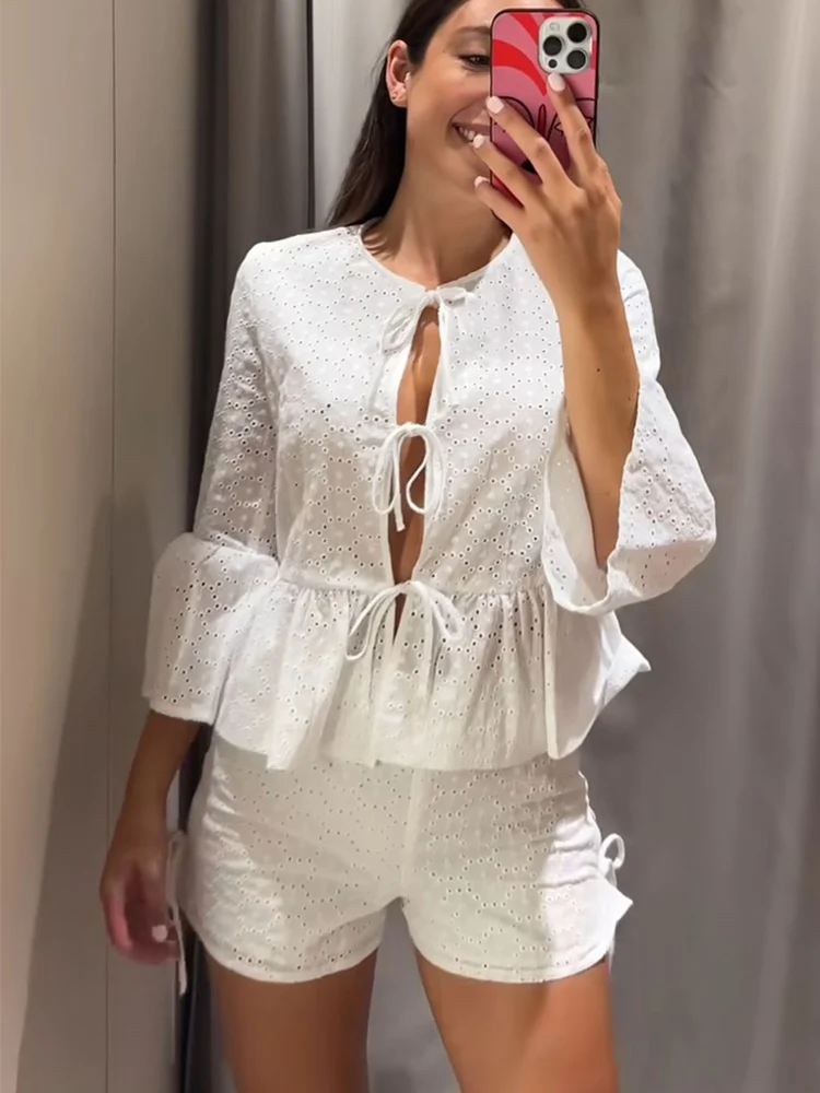 TRAF Two Piece Women Solid Embroidered Top Short Suits 2024 Fashion Hollow Out O-neck Tie Bow Shirts Zipper A-line Short Sets