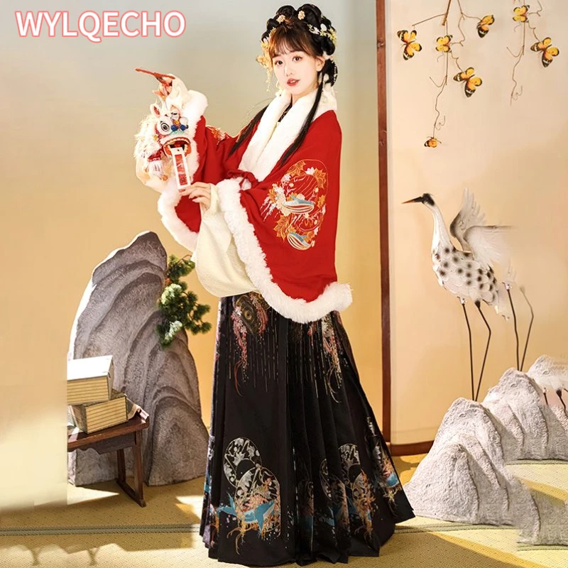 Trajes tradicionais chineses femininos, hanfu, saia bordada com rosto de cavalo, pelúcia e grossa, roupas de ano novo, estilo Ming