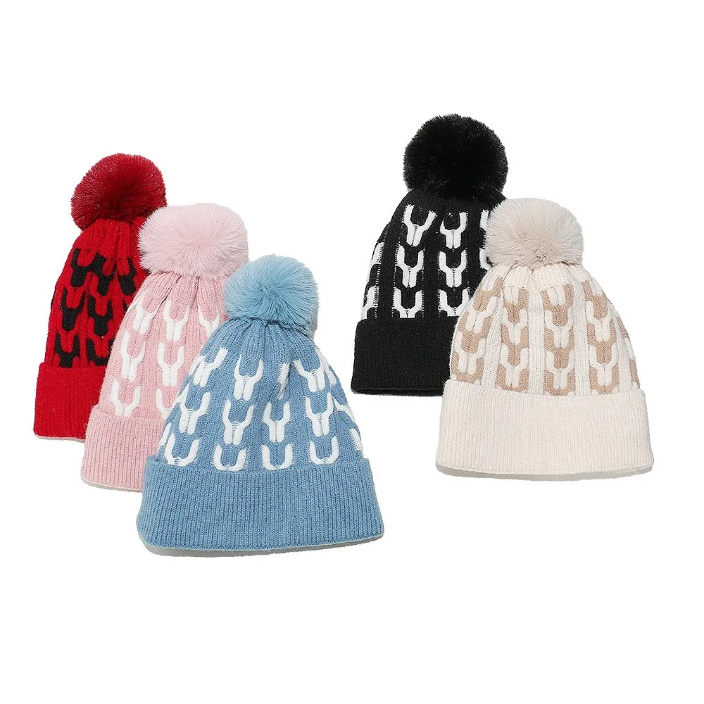 Cute Thickened Beanie Hat Y-shaped Stripe Pattern Keep Warm Knitted Hat with Faux Fur Pompon Ball Ear Protection Hat