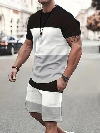 New Summer men\'s casual short sleeved round neck T-shirt and shorts set, 2-piece men\'s striped round neck top T-shirt 2024 s-2XL