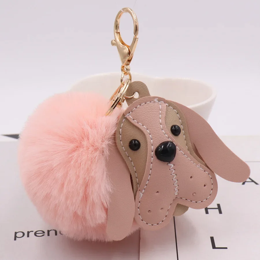 New fashion sweet Hot cute leather animal dog Fake Rabbit Fur Ball Key Chain Pompom Key Chain Key Rings  Girl Women Bag  Jewelry