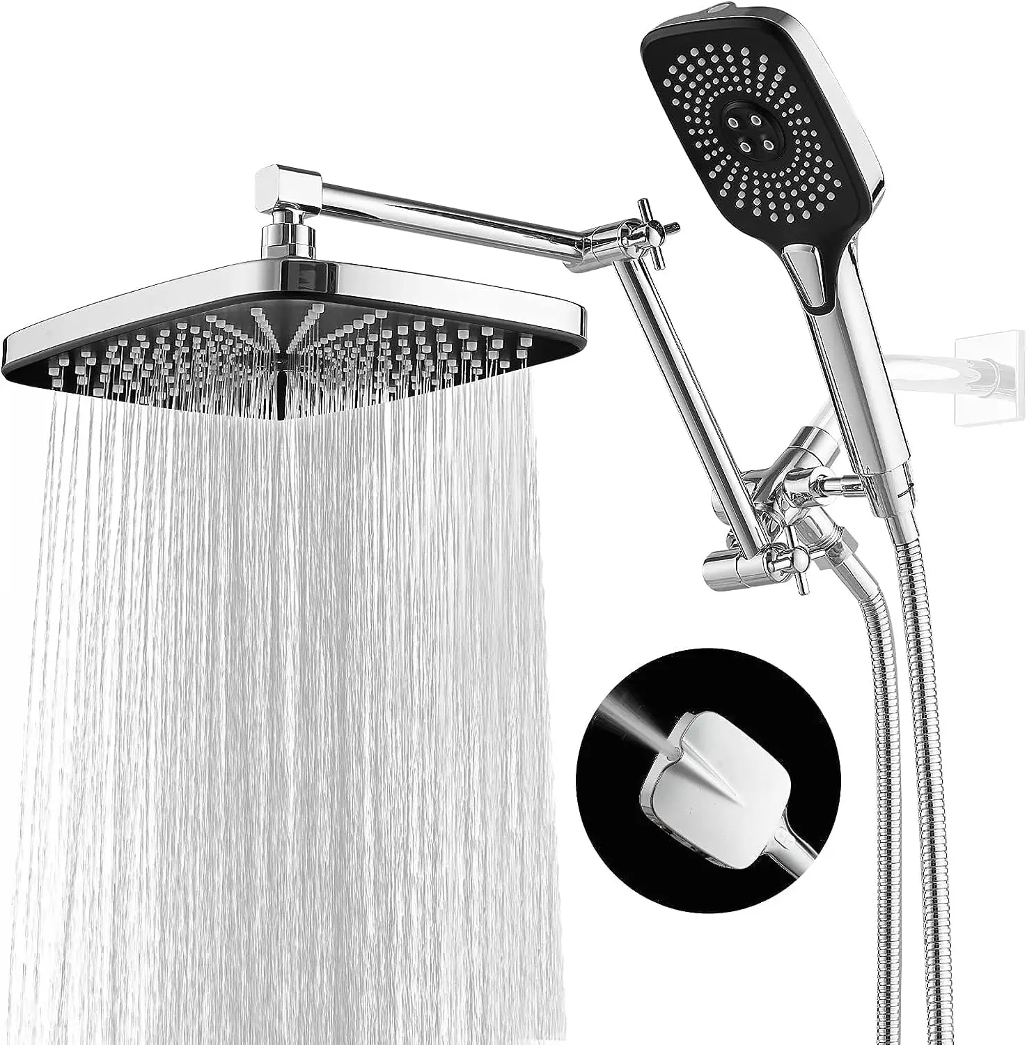 12 Inch Shower Head with Handheld High-Pressure Rain/Rainfall 3+1 Settings Spray 3-Way Diverter Extension Arm Adjustable Chrome