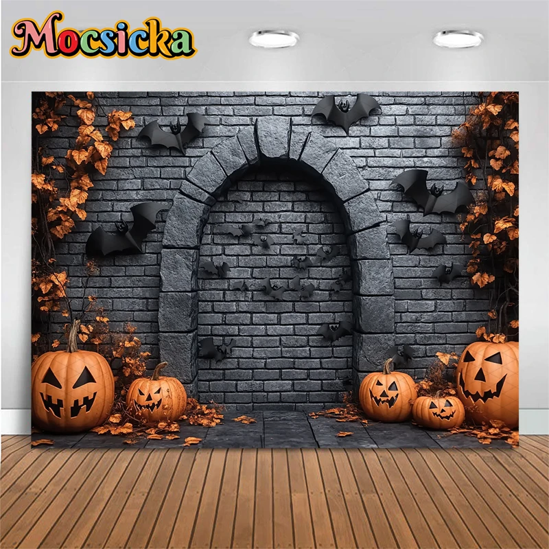 Mocsicka Halloween Photography Background Grey Brick Wall Bats Decorations Autumn Pumpkin Party Photo Backdrops Studio Wallpaper