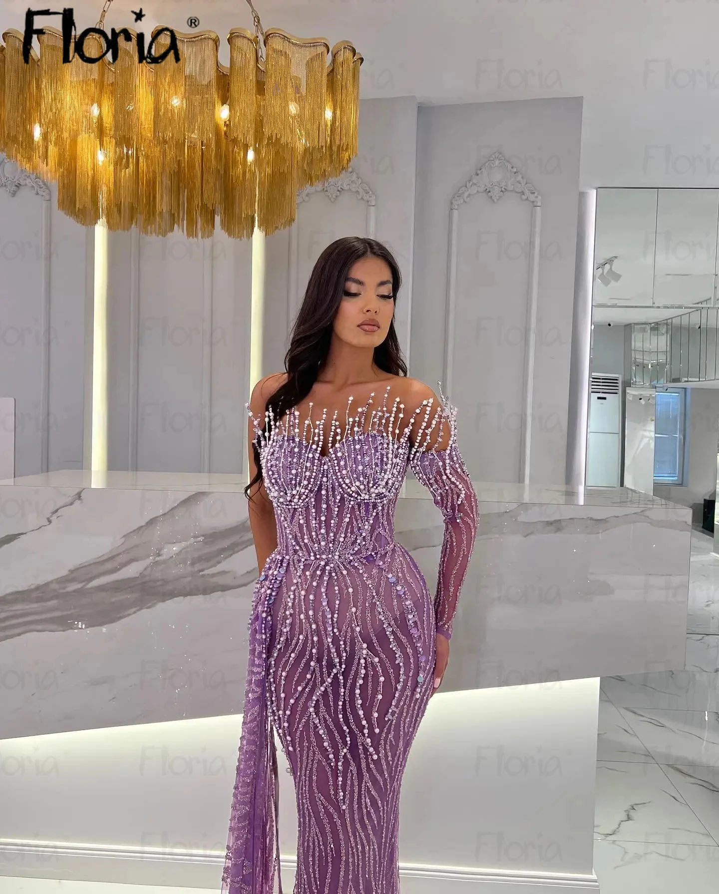 Gaun pesta manik-manik Violet gaun selebriti buatan khusus wanita Dubai jubah putri duyung panjang 2024 pakaian pesta ulang tahun gaun Prom malam