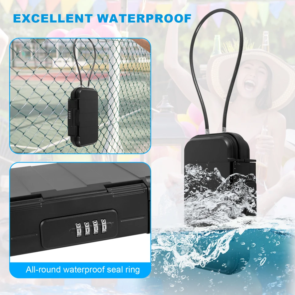 Travel Safe Portable Security Box – 4-Digit Combination Waterproof Lock Case With Removable Steel Cable For Home, Hotel & Car