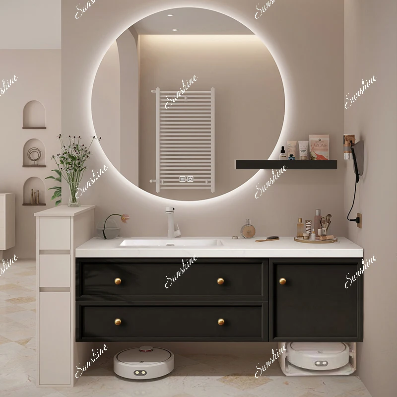 Robot vacuum cleaner, bathroom cabinet, sink, bathroom, French oak, cream style