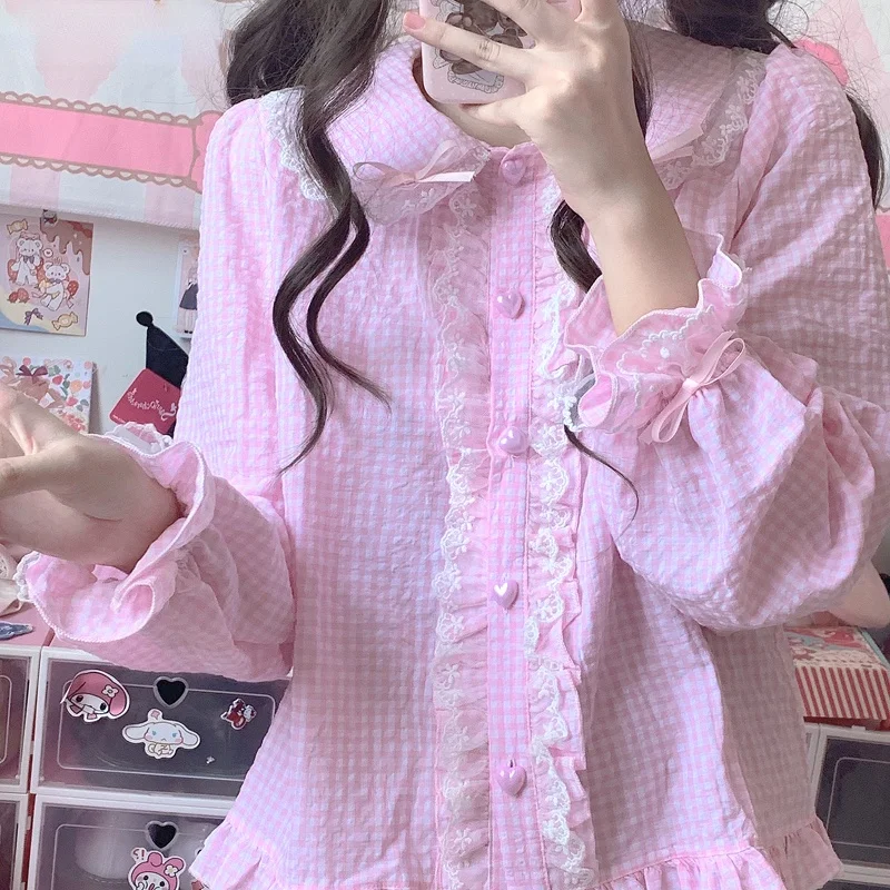 Japanese Style Sweet Lolita Blouses Women Cute Lace Ruffles Harajuku Jk Shirts Girls Kawaii Peter Pan Collar Long Sleeve Blusas