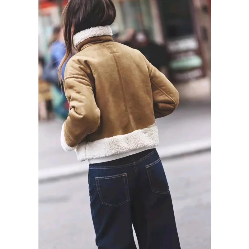 

Winter Women's Double-Sided Fur Leather Zipper Collar Long Sve Jaet Coat Faion Loose Fit Poly Fiber Ladies Outerwear