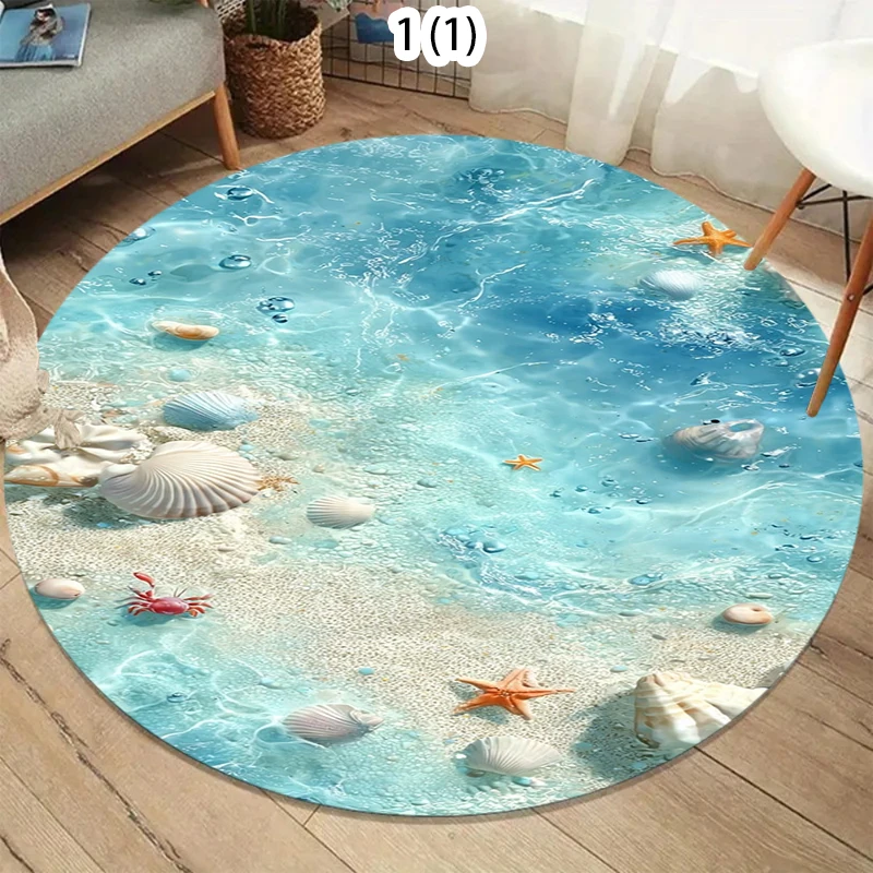 Nordic Coastal Round Rug Soft Carpet Area Rug Bedroom Non-Slip Floor  Teal Ocean Wave Design for Living Room sroom
