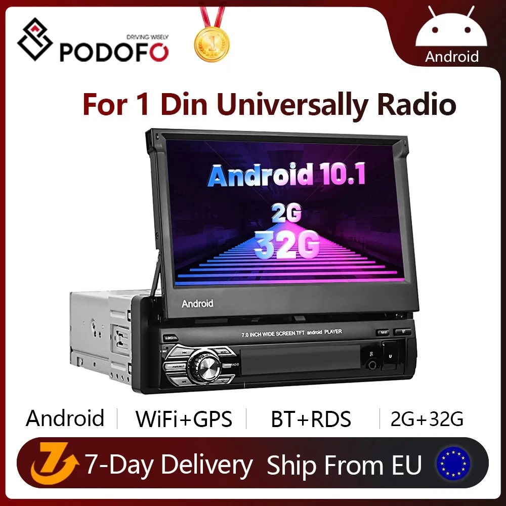 Podofo 1 Din Retractable Android Radio Car Intelligent System Stereo Receiver RDS Multimedia Player 1din Head Unit For VW Ford