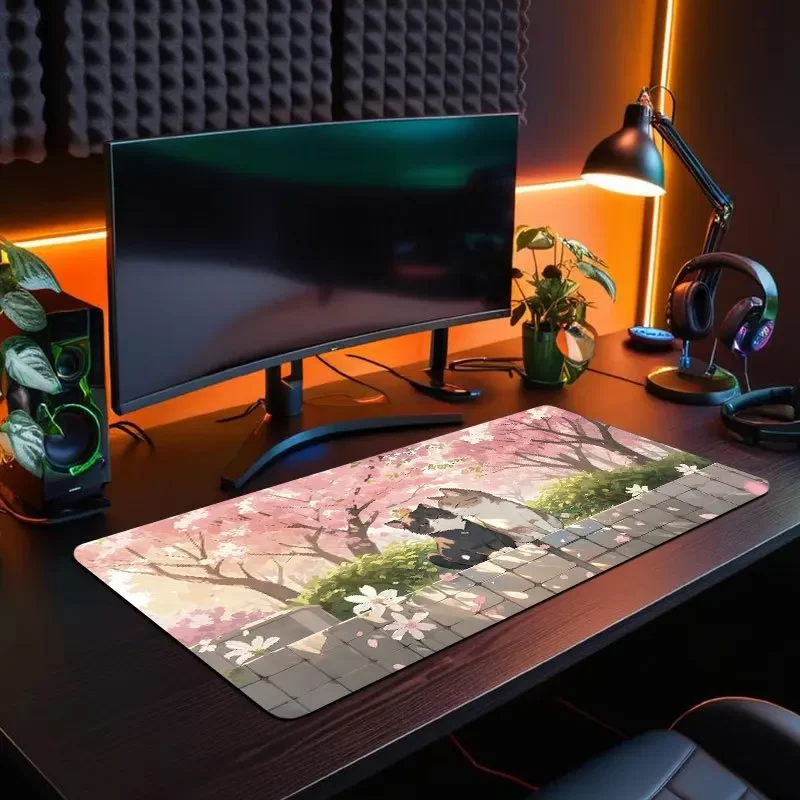 Simpatici gatti anime in fiore di ciliegio Tappetino per mouse design da giardino, tappetini da tavolo Tappetini per mouse per tastiera da gioco antiscivolo in gomma XL Tappetino lungo
