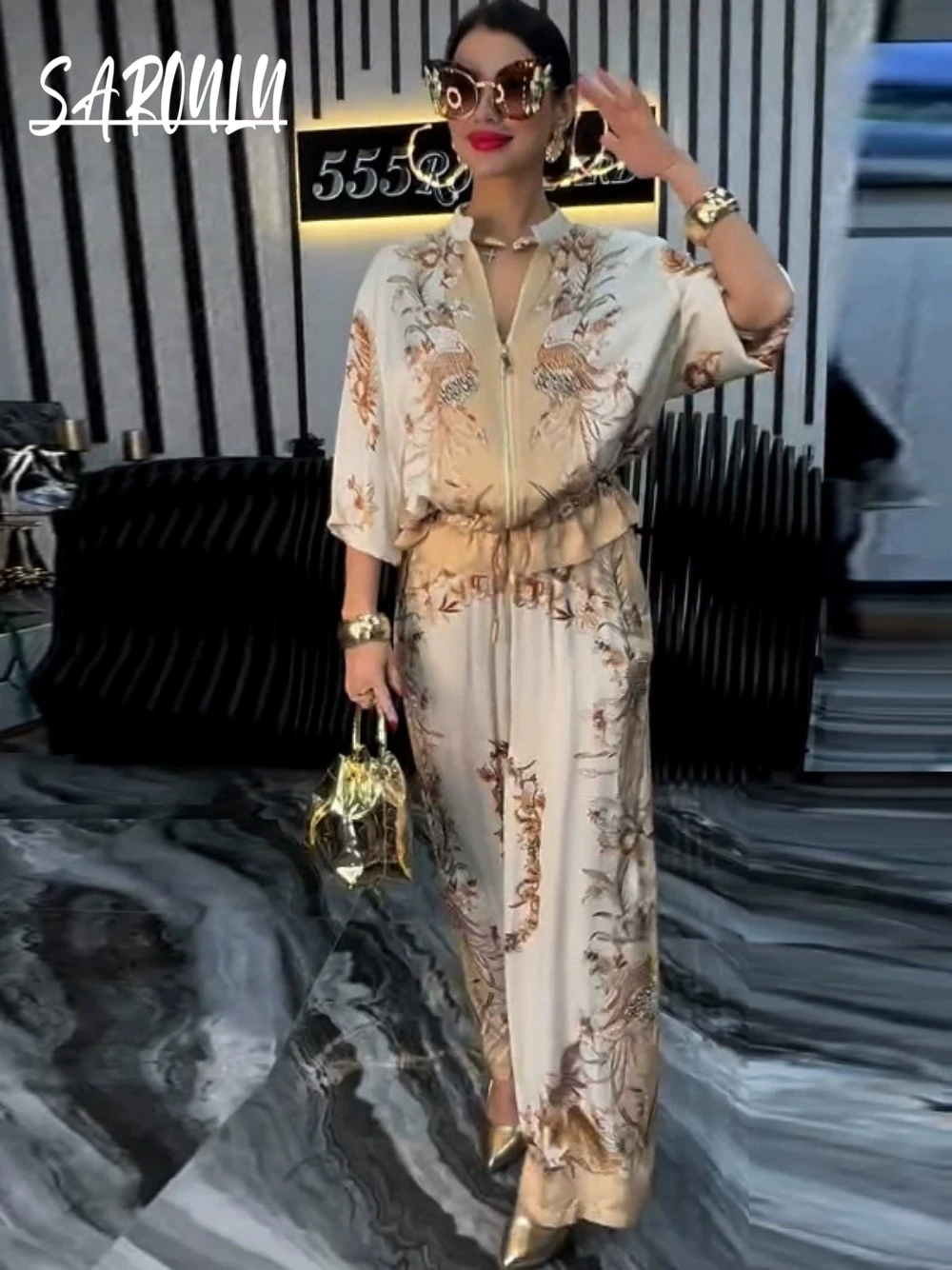 

Fashionable Women 2-pieces Long Sleeves Romantic Cocktail Party Wear Classy S-2XL New Arrival Casual Floor-length Prom Gown
