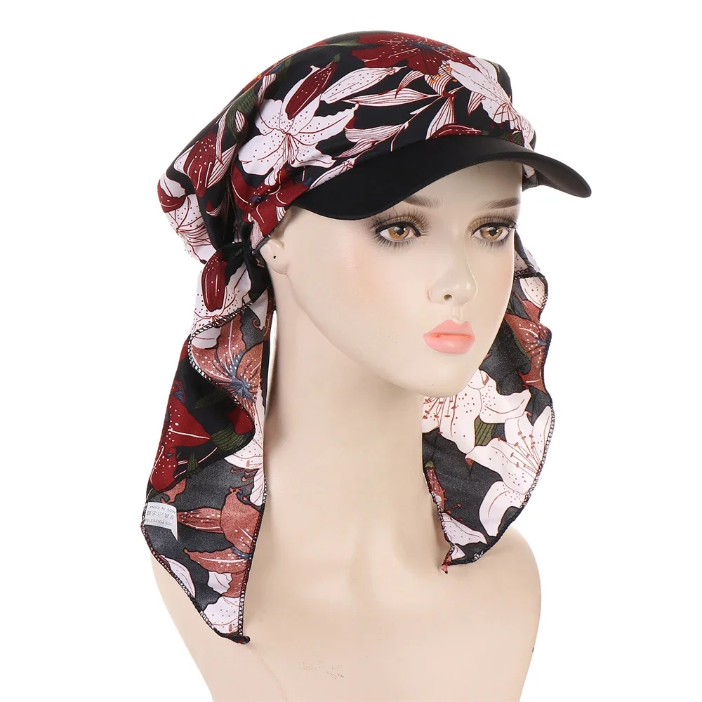 Baseball Cap Muslim Hijab Women Visors Sun Hats Print Headscarf Pre-Tied Turban Long Tail Head Cap Bandana Beanie Bonnet Outdoor