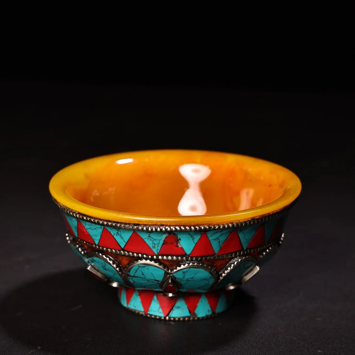 

4"Tibetan Temple Collection Old Beeswax Mosaic Gem Turquoise Buddhist Music Bowl Butter Bowl Scripture Amulet Worship Hall