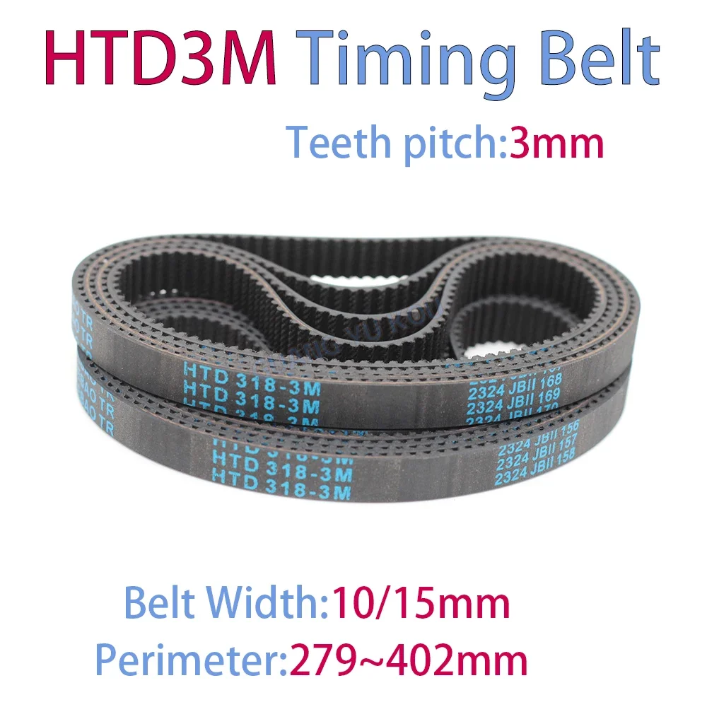 HTD 3M Closed Loop Synchronous Rubber Timing Belt Length 279/282/285/288/291/294/297/300/303/306/309/312/315~402mm Width 10/15mm