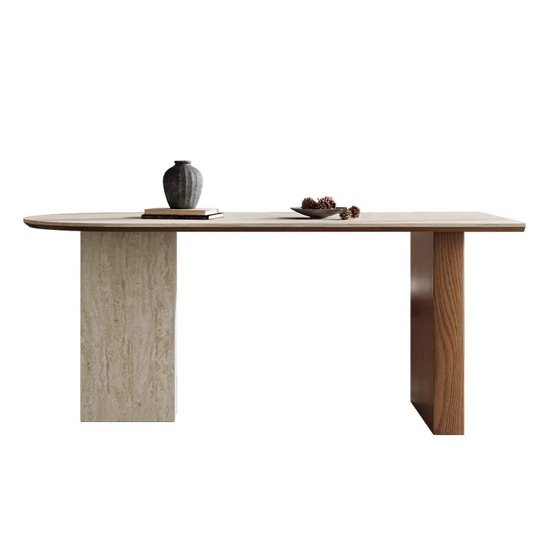 

Средневековый французский обеденный стол из массива дерева в стиле ретро, столешница из травертина, для небольшой квартиры, креативный полукруглый обеденный стол-остров.