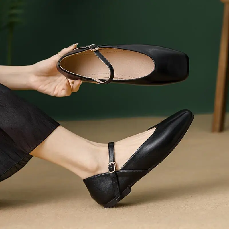 2024 New Women Flat Heel Shoes Fashion Square Toe Ladies Casual Mary Jane Shoes Shallow Comfort Soft Sole Ballet Mujer Size 44