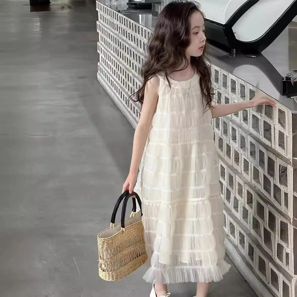 Elegant Loose Girls Princess Dress Party Children Summer Mesh Dress Sweet Beach Vacation Teens Long Dress Summer