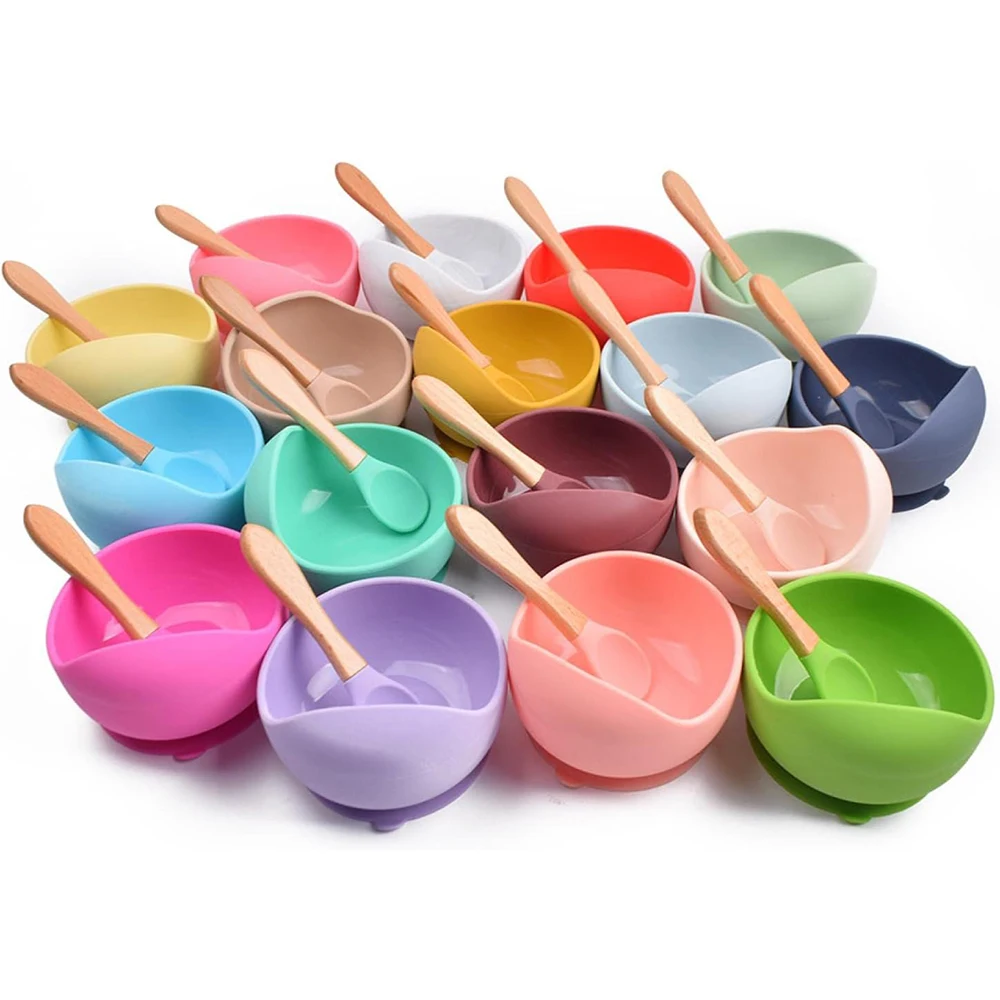 2pcs Baby Silicone Bowl and Spoons Set for Baby Silicone Baby Feeding Set Children Feeding Tableware Baby Sucker Silicone Bowl