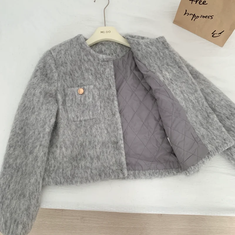 Autunno inverno grigio lana trapuntata giacca donna semplice Casual sciolto Basic corea elegante Chic piccola fragranza ufficio signora cappotto