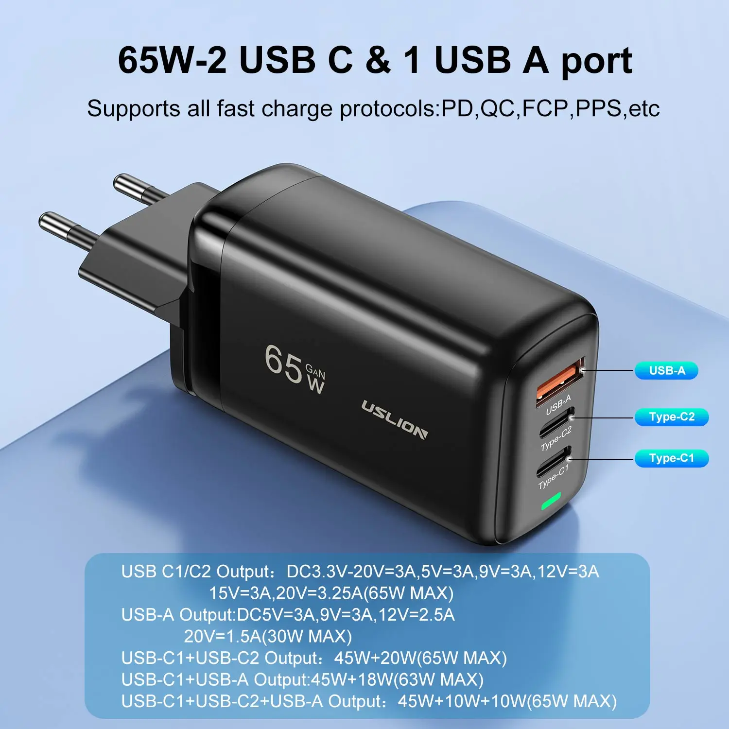 USLION 65W USB Type C GaN Charger For Laptop Tablet Macbook Korea Plug PD Fast Charging For iPhone 14 13 12 Pro Max Samsung POCO