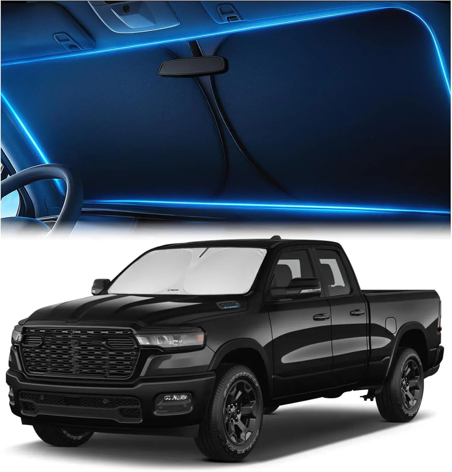 

Windshield Sunshade for Dodge RAM 1500 2019-2026 - Blocks 99% UV, Easy-Fold, Mirror Cut-Out
