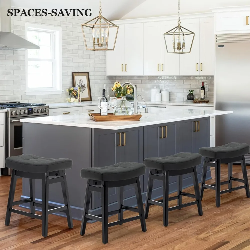 Set of 3 Counter Height Stools, Upholstered Leather Seats, Solid Wood Legs, 24 Kitchen Bar Stool