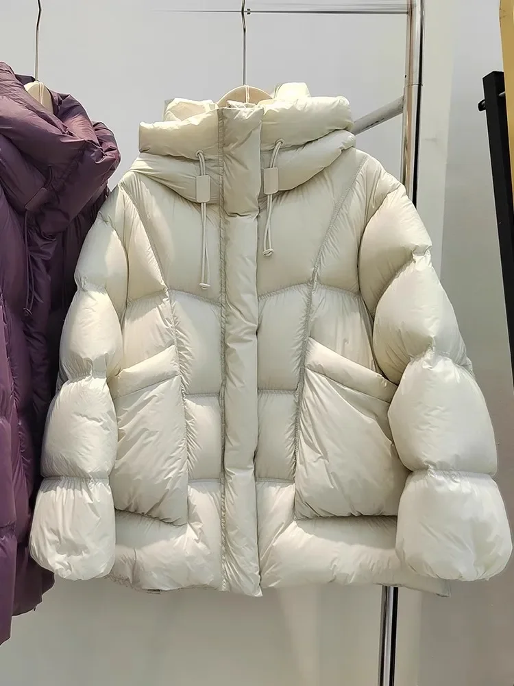 Engrossado para baixo jaqueta feminina com capuz de comprimento médio pão terno inverno novo puff quente solto coreano chique 90 pato branco para baixo casaco feminino