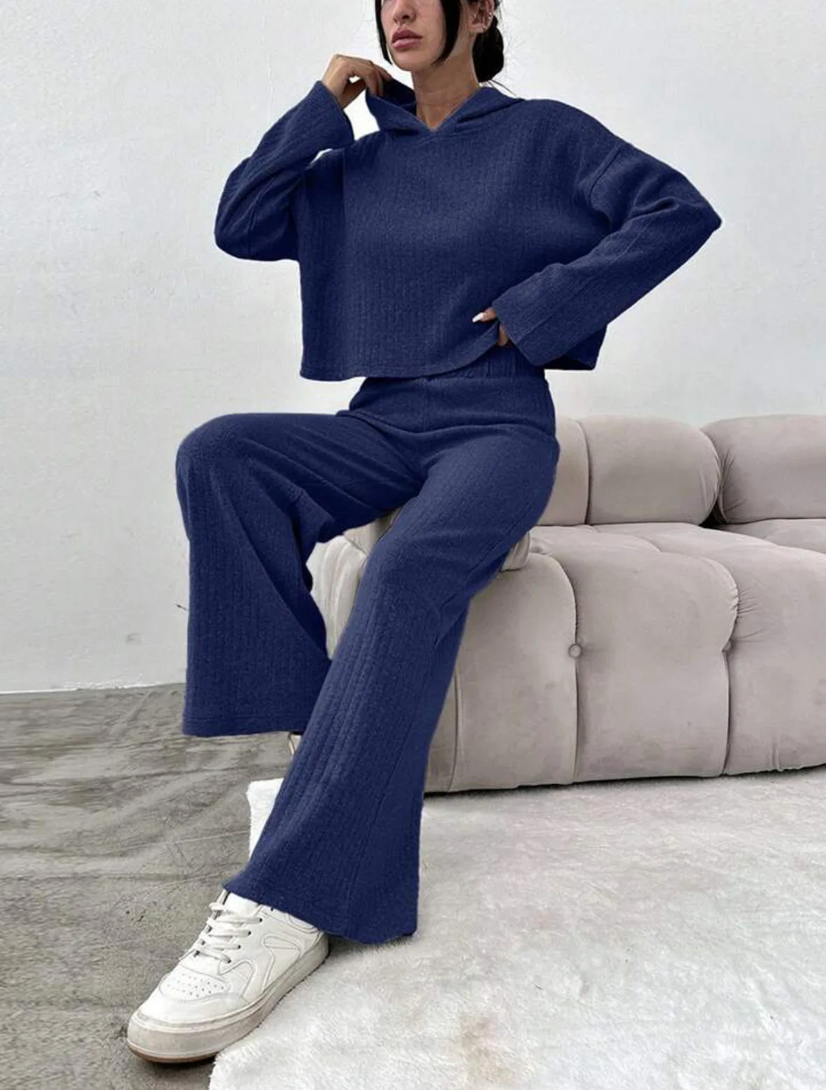 2025 الخريف بلون محبوك مقنعين السراويل الطويلة طويلة الأكمام سراويل أنيقة غير رسمية مجموعة فضفاضة بلون مريح #5