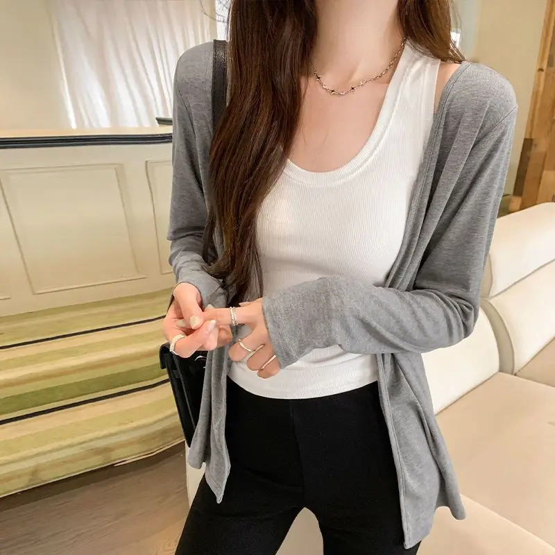 Ultra-Hand Feel Modal Knitted Long Sleeve Open Cardigan Women's Spring Summer Grey Top Coat Lazy Proof Sun Cover Shirt