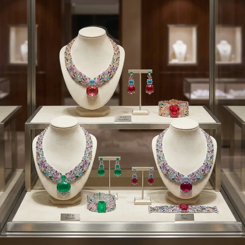 

Custom Magnificent Style Earrings Bracelet Necklace Inlay Colored Cubic Zircon Synthetic Gemstone Colorful Party Jewelry Sets