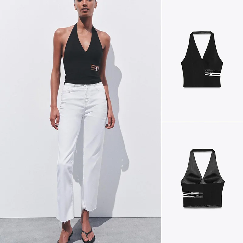 

Весна-лето, новый женский металлический пуловер Embellied Open Ba Hanging Ne Design Top Faionable ort Sve V-ne