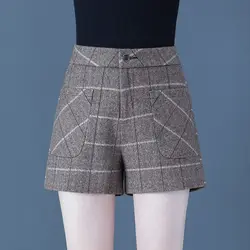 Simplicity Fashion Autumn New Women Woolen Plaid Zipper Button Korean Casual High Waist Loose A-line Wide Leg Bootcut Shorts