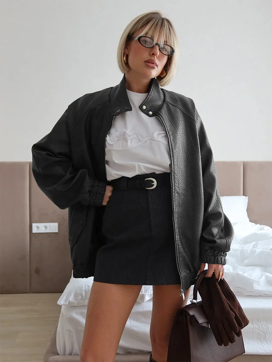 

Wolfeel New Women's Stand Collar Zip Up Faux Leather Jacket Oversized Fit Long Sleeve Autumn Comfort Jackets