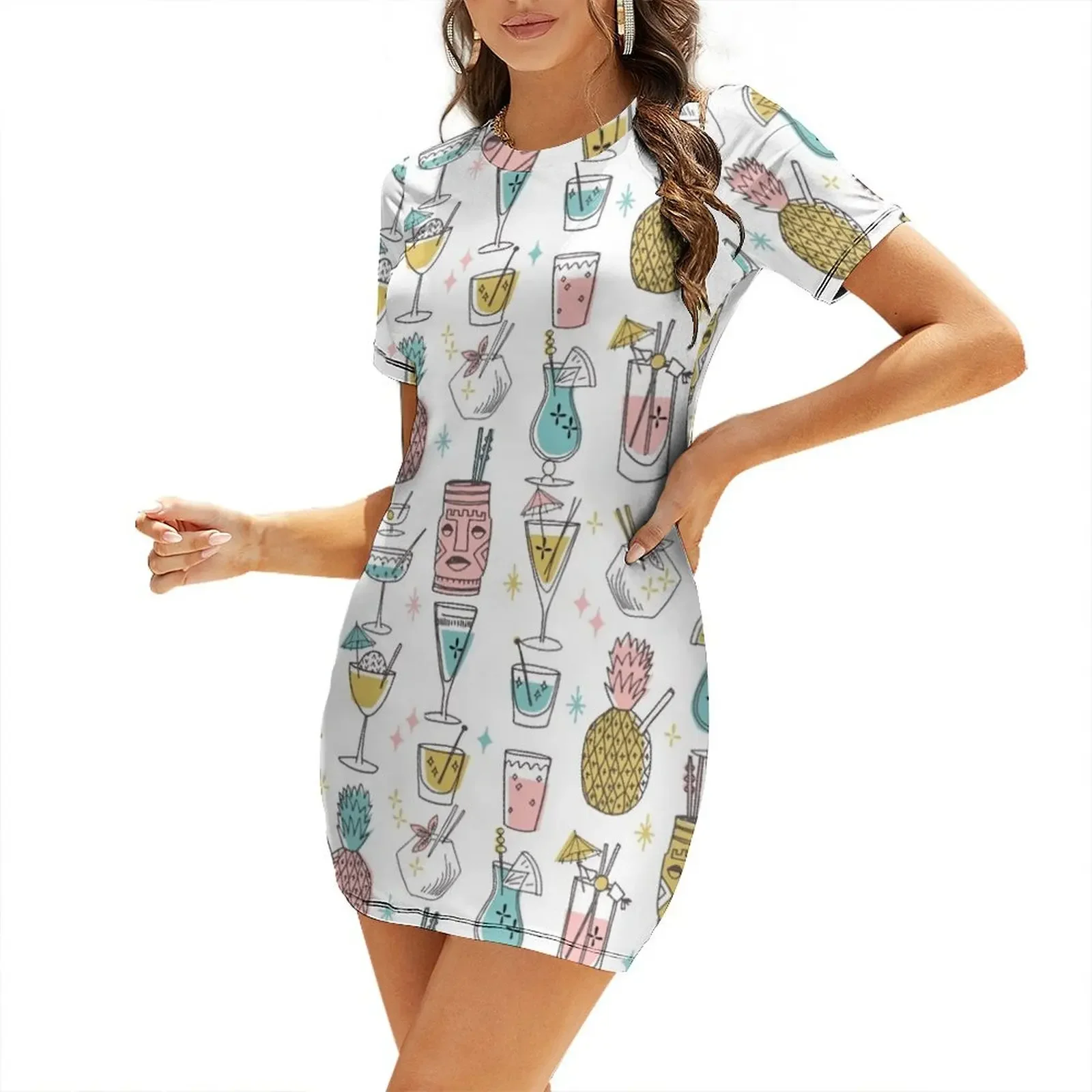 

Tropical cocktails tiki bar hawaiian drinks cute pattern by andrea lauren Short-Sleeved Dress dresses for women 2026