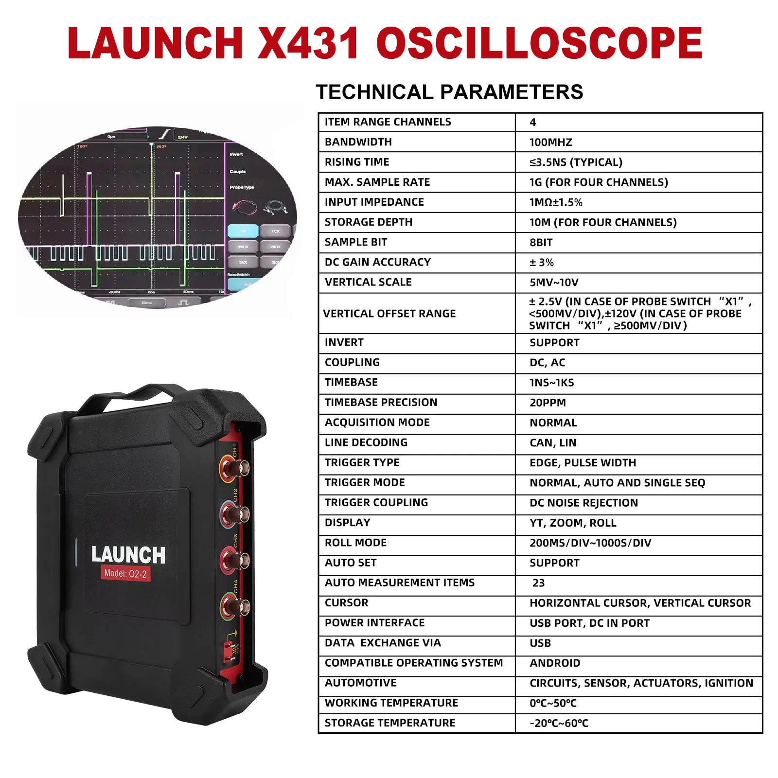 X-431 Oscilloscope O2-2 Scopebox Analizador 4 Channels Digital Scopebox Tester USB Port Circuits Sensors Actuat Analyzer