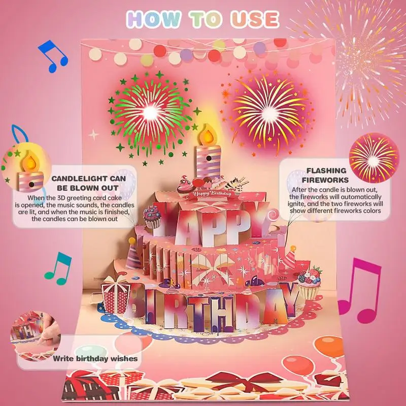 

Unique 3D Pop Up Happy Birthday Card Auto Musical Greeting Card With Blowable LED Light Candle Birthday Cake Card Gifts