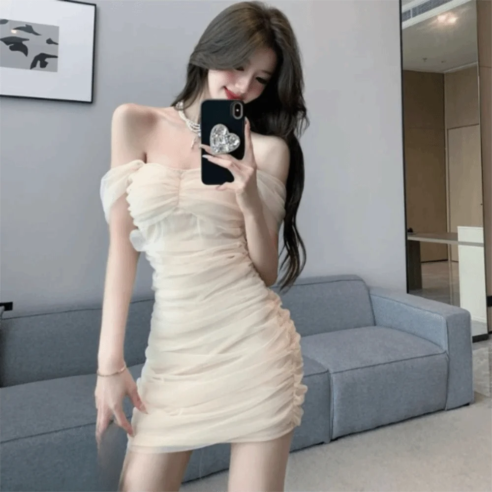 

Shoulder-baring Slimming Fit Mesh Strap Dress Tight Fitting French Style Mini Skirt Empire Waist Dress Women's Fashion