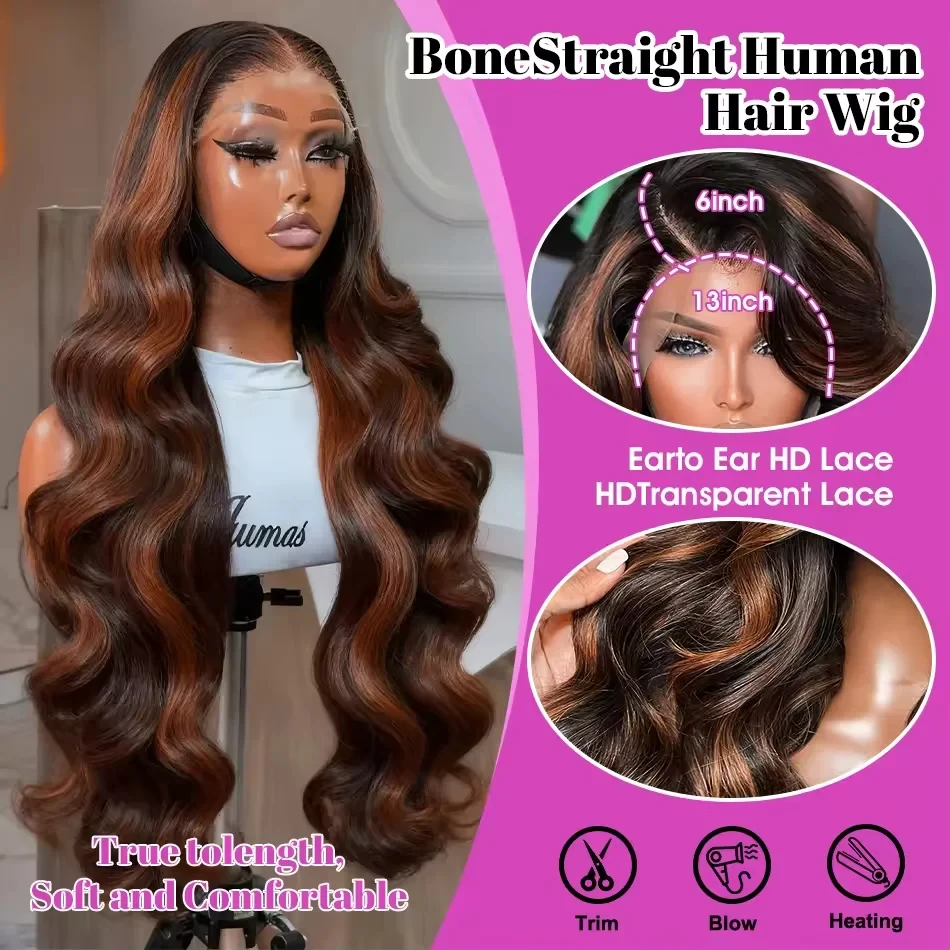 

Upgraded 34Inch HD 1B/30 Body Wave Highlight 13x6 Lace Front Human Hair Wig Omber Brown Color 13x4 Lace Frontal 5x5 Glueless Wig