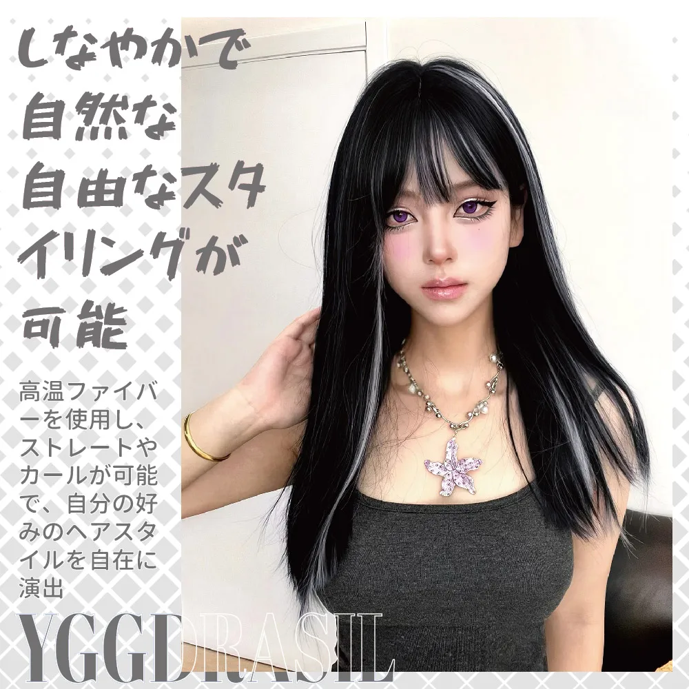 24 بوصة الأسود والرمادي القوطية نمط بيروكات صناعية مع الانفجارات متوسطة شعر طبيعي مستقيم شعر مستعار للنساء تأثيري مقاومة للحرارة #4