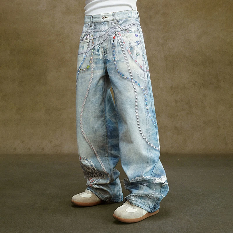 MWJLPWQ Lace Colorful Bead Chain Printed Straight Denim Trousers Men's American-Style Spring Autumn Fashion Wide Leg Jeans 17498