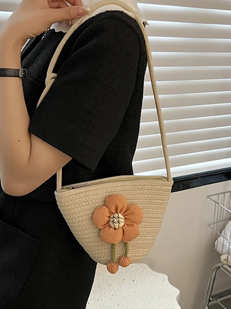 Cute Braided Flowers Bucket Bag Woman Designer Color Contrast Casual Women'S Shoulder Bags Luxury Brands Messenger Bags Female