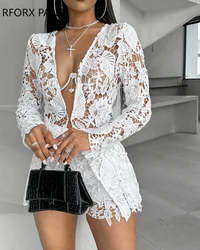 2024 Women Chic Hook Flower Hollow Long Sleeves Jacket Sexy Two Pieces Short Sets