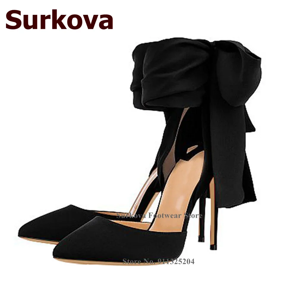 Surkova-zapatos de boda de tela de seda roja y rosa, calzado de tacón alto con cordones y pajarita grande, zapatos de fiesta poco profundos con nudo de mariposa, talla 46